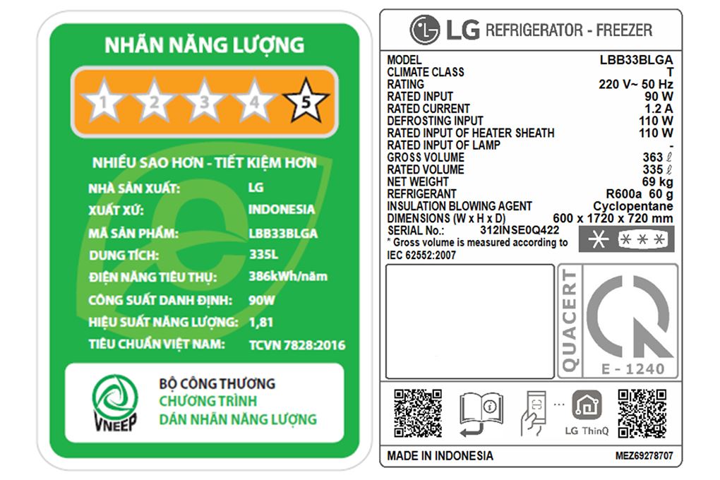 Tủ lạnh LG Inverter 335 lít LBB33BLGA Màu Đen