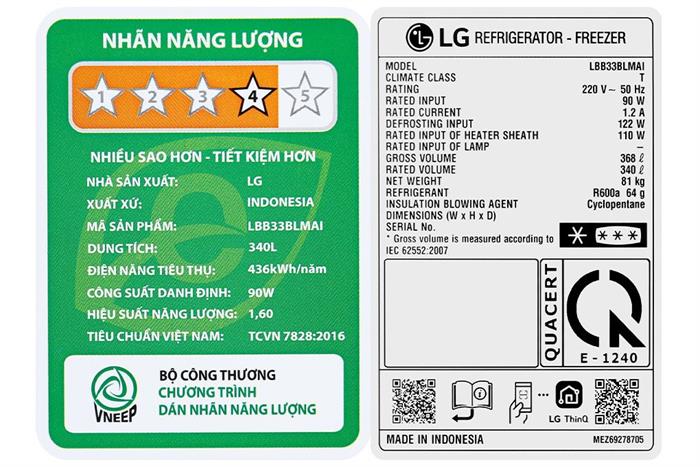Tủ lạnh LG Inverter 340 lít InstaView LBB33BLMAI Màu Đen