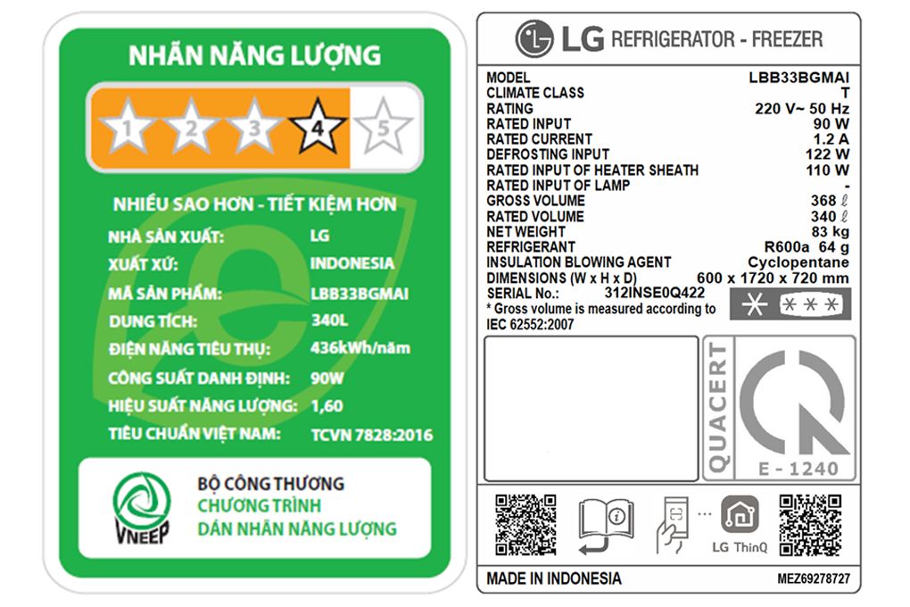 Tủ lạnh LG Inverter 340 lít InstaView LBB33BGMAI Màu Đen