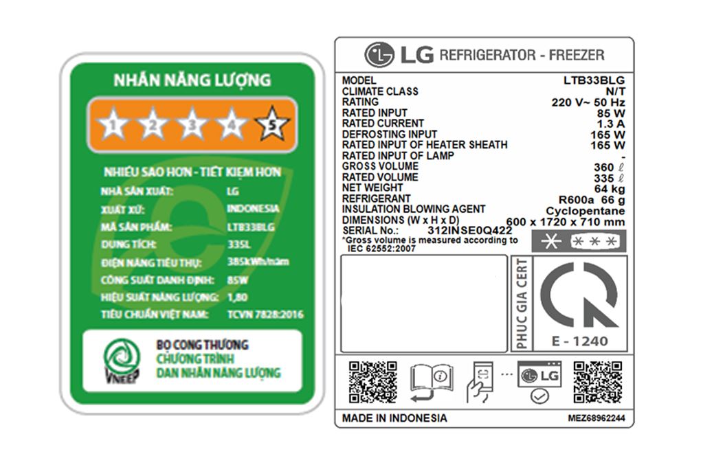 Tủ lạnh LG Inverter 335 lít LTB33BLG Màu Đen