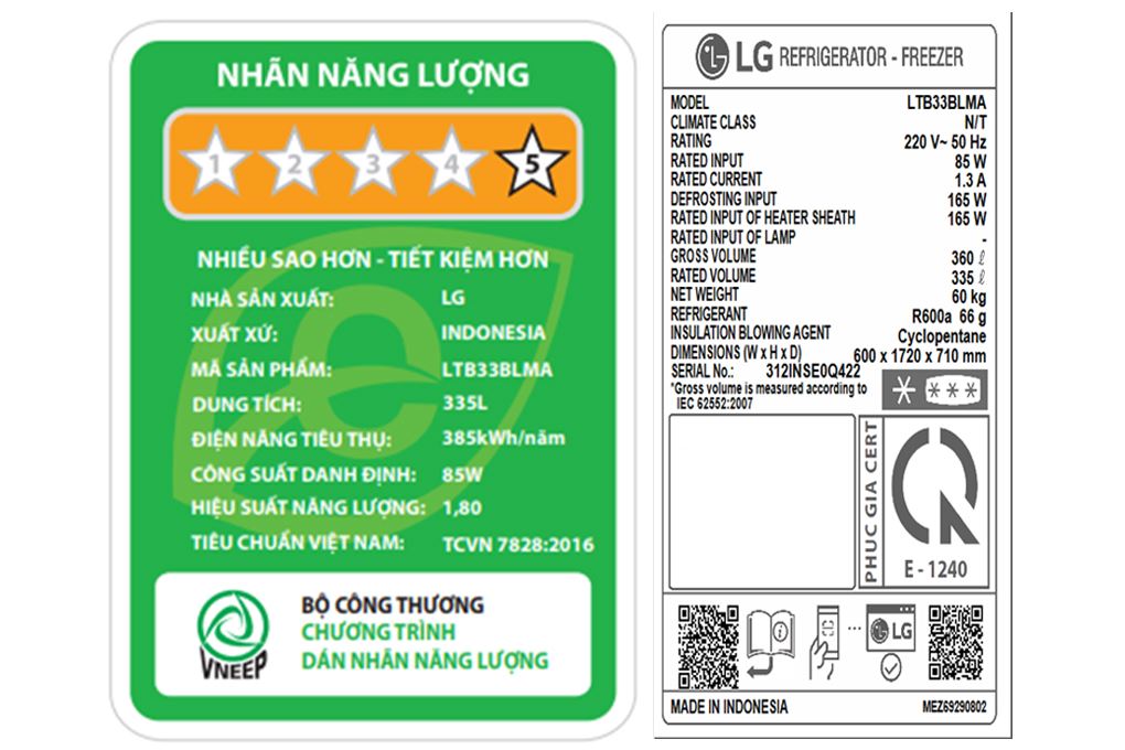 Tủ lạnh LG Inverter 335 lít LTB33BLMA Màu Đen