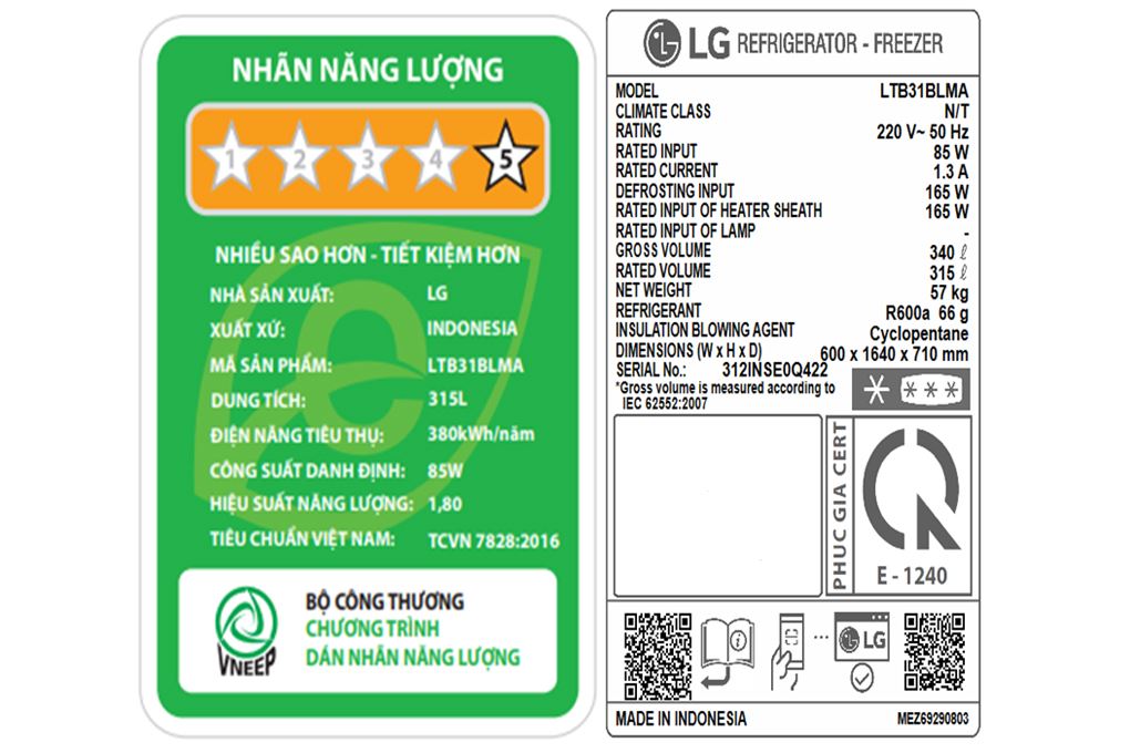 Tủ lạnh LG Inverter 315 lít LTB31BLMA Màu Đen