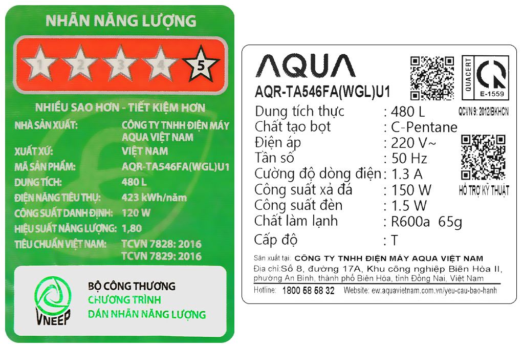 Tủ lạnh Aqua Inverter 480 lít AQR-TA546FA(WGL)U1 Màu Xám xanh