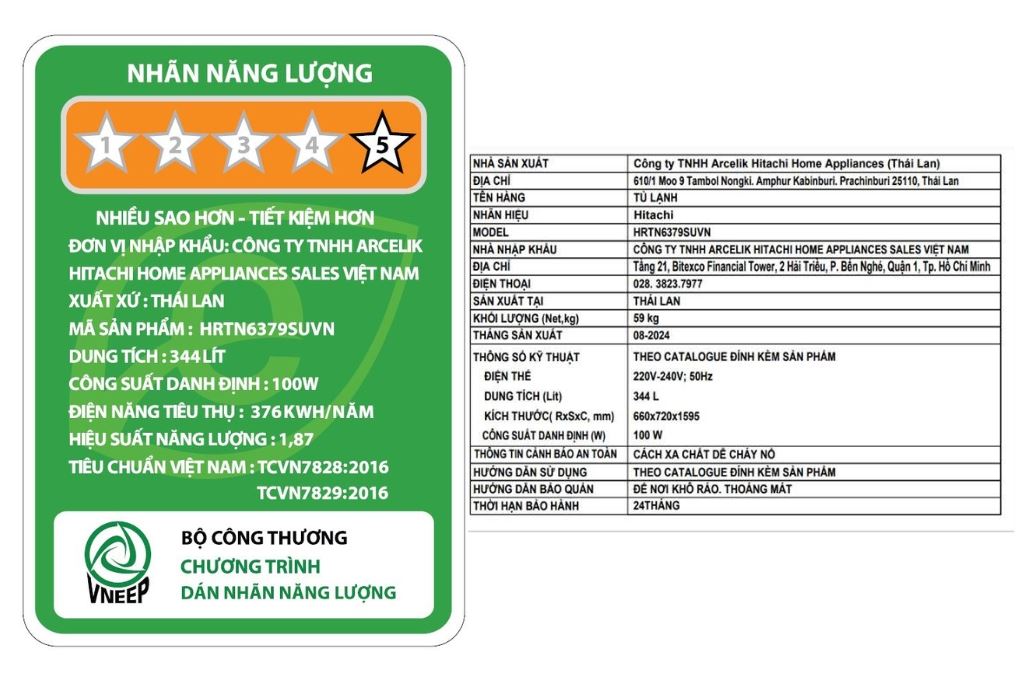 Tủ lạnh Hitachi Inverter 344 lít HRTN6379SUVN Màu Đen