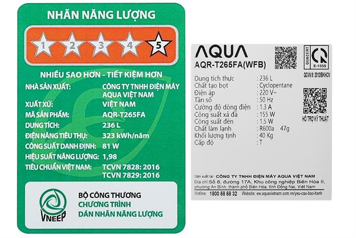 Tủ lạnh Aqua Inverter 236 lít AQR-T265FA(WFB) Màu Đen