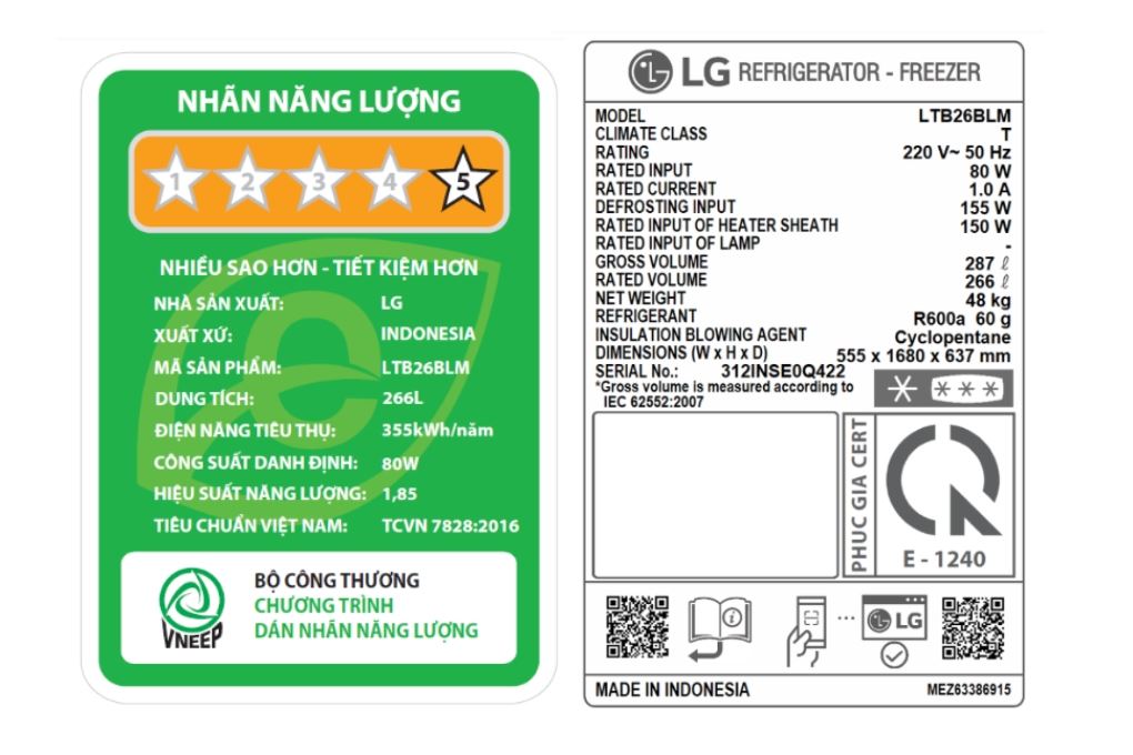 Tủ lạnh LG Inverter 266 lít LTB26BLM Màu Đen