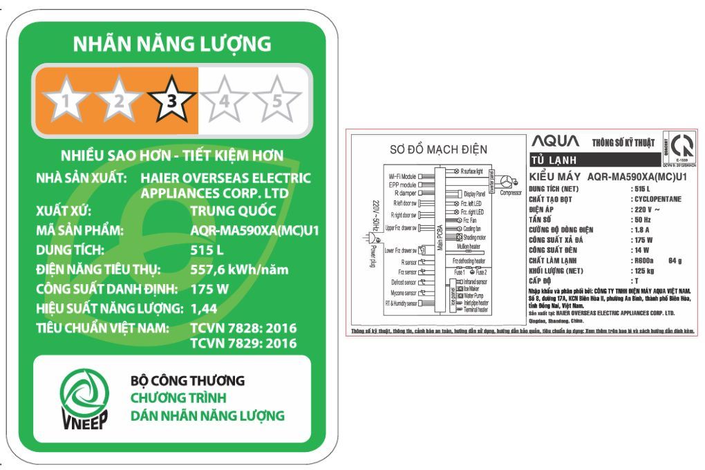 Tủ lạnh Aqua Inverter 515 lít Multi Door AQR-MA590XA(MC)U1 Màu Trắng