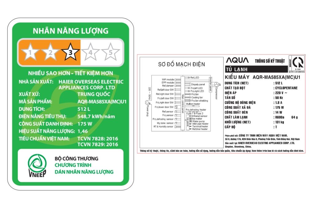 Tủ lạnh Aqua Inverter 512 lít Multi Door AQR-MA585XA(MC)U1 Màu Trắng