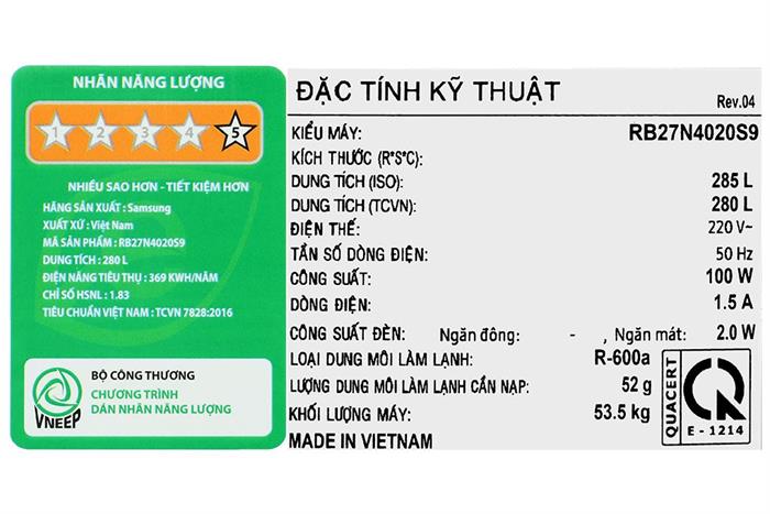 Tủ lạnh Samsung Inverter 280 lít RB27N4020S9/SV Màu Bạc