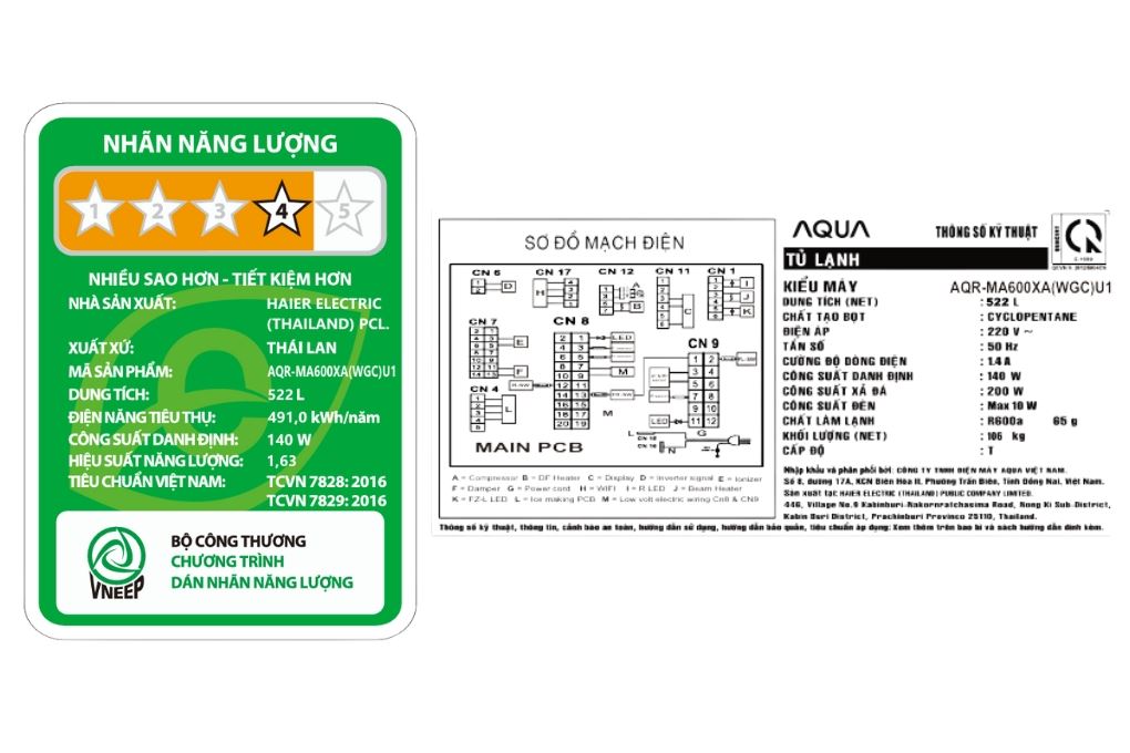 Tủ lạnh Aqua Inverter 522 lít Multi Door AQR-MA600XA(WGC)U1 Màu Trắng