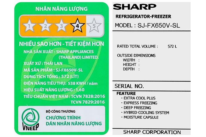 Tủ lạnh Sharp Inverter 572 lít Multi Door SJ-FX650V-SL Màu Bạc Inox