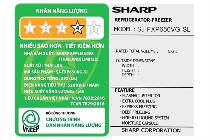 Tủ lạnh Sharp Inverter 572 lít Multi Door SJ-FXP650VG-SL Màu Bạc Inox