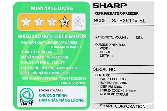 Tủ lạnh Sharp Inverter 525 lít Multi Door SJ-FX610V-SL Màu Bạc Inox