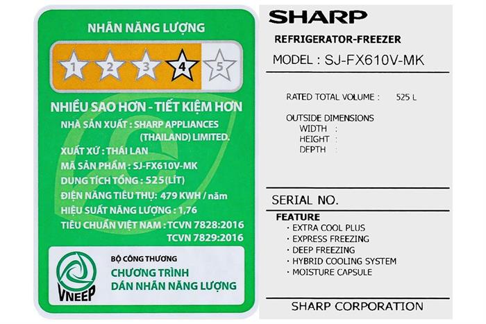 Tủ lạnh Sharp Inverter 525 lít Multi Door SJ-FX610V-MK Màu Đen
