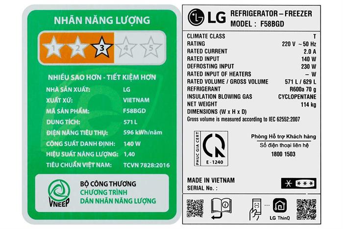 Tủ lạnh LG Inverter 571 lít Multi Door F58BGD Màu Đen