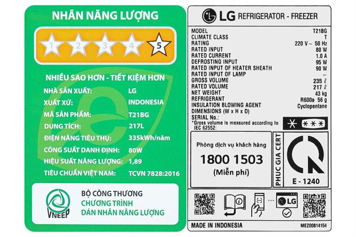 Tủ lạnh LG Inverter 217 lít T21BG Màu Đen