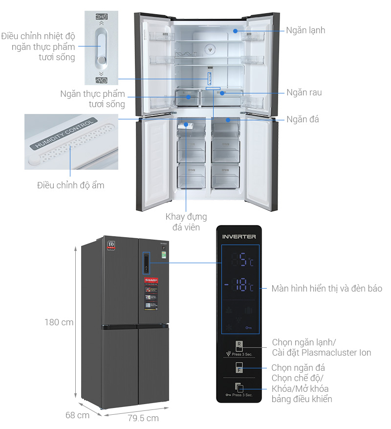 Tủ lạnh Sharp Inverter Multi Door 421 lít SJ-FXP510V-MG