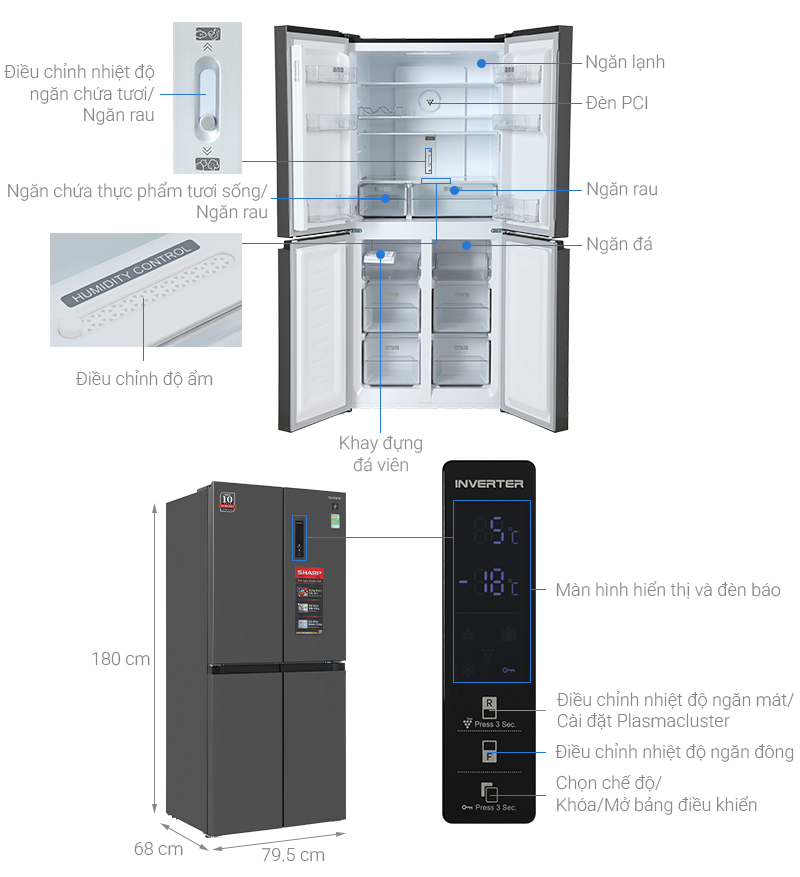 Tủ lạnh Sharp Inverter Multi Door 421 lít SJ-FXP510V-MG