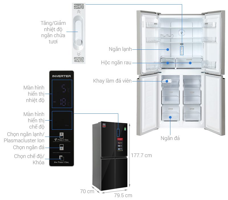Tủ lạnh Sharp Inverter Multi Door 421 lít SJ-FXP510VG-BK