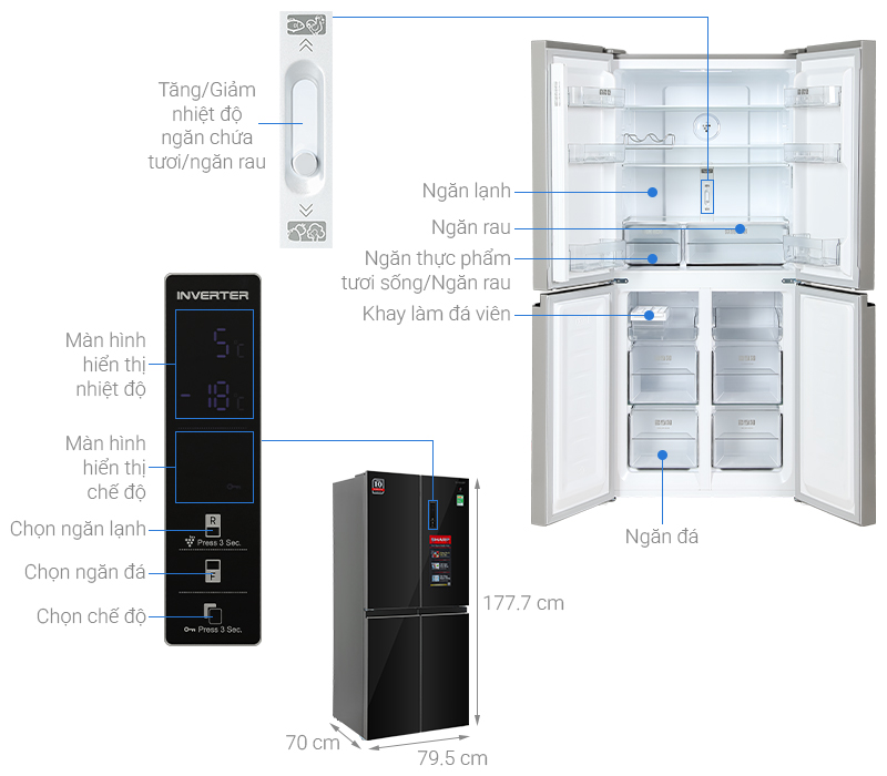 Tủ lạnh Sharp Inverter Multi Door 421 lít SJ-FXP510VG-BK