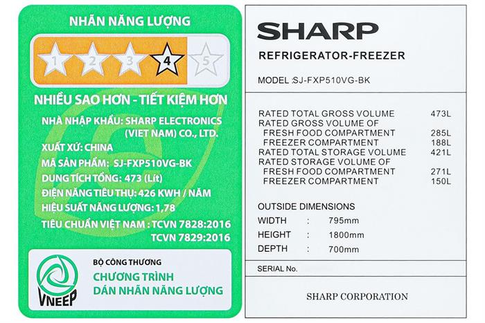 Tủ lạnh Sharp Inverter Multi Door 421 lít SJ-FXP510VG-BK Màu Đen