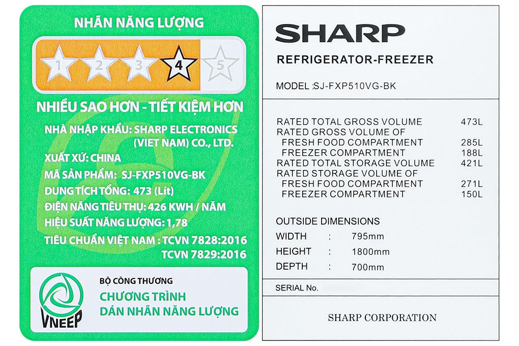 Tủ lạnh Sharp Inverter Multi Door 421 lít SJ-FXP510VG-BK Màu Đen