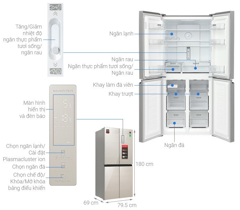 Tủ lạnh Sharp Inverter Multi Door 421 lít SJ-FXP510VG-CH