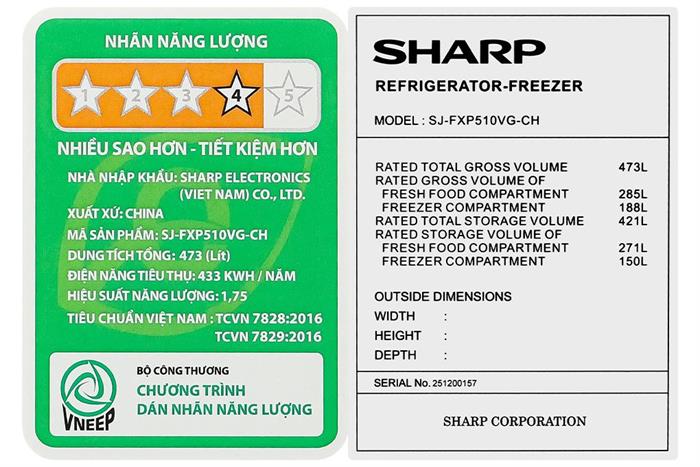 Tủ lạnh Sharp Inverter Multi Door 421 lít SJ-FXP510VG-CH Màu Vàng nhạt