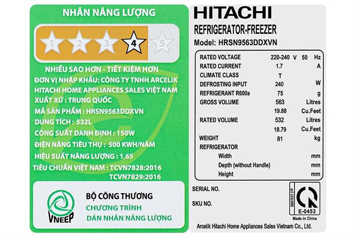 Tủ lạnh Hitachi Inverter 532 lít Side By Side HRSN9563DDXVN Màu Đen
