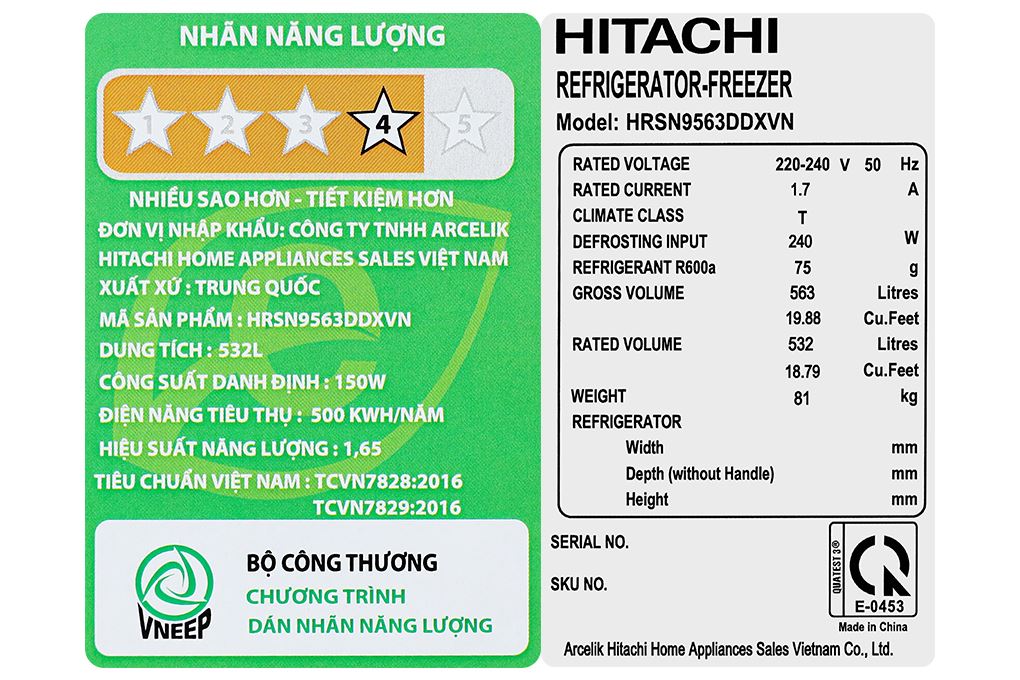 Tủ lạnh Hitachi Inverter 532 lít Side By Side HRSN9563DDXVN Màu Đen