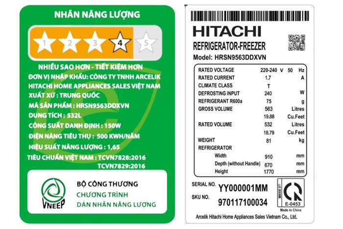 Tủ lạnh Hitachi Inverter 532 lít Side By Side HRSN9563DDXVN Màu Đen
