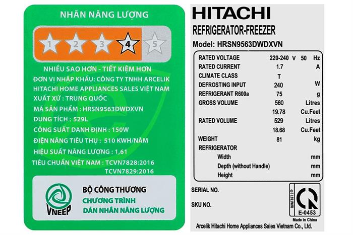 Tủ lạnh Hitachi Inverter 529 lít Side By Side HRSN9563DWDXVN Màu Đen
