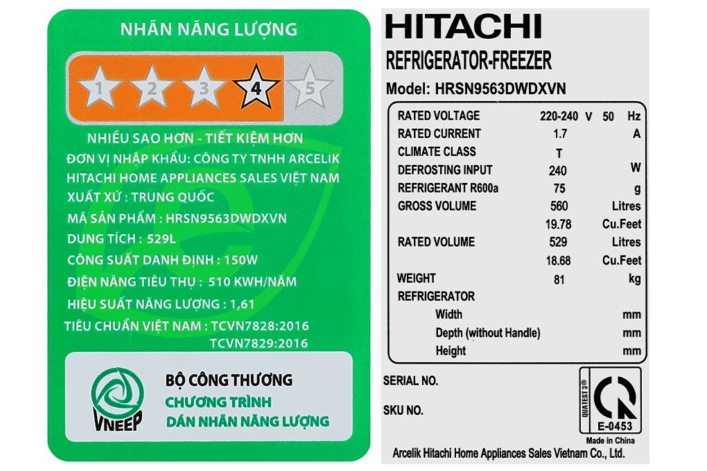 Tủ lạnh Hitachi Inverter 529 lít Side By Side HRSN9563DWDXVN Màu Đen
