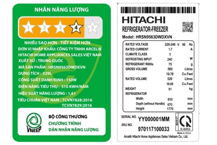 Tủ lạnh Hitachi Inverter 529 lít Side By Side HRSN9563DWDXVN Màu Đen