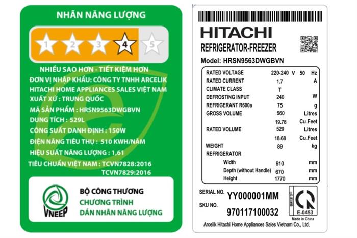 Tủ lạnh Hitachi Inverter 529 lít Side By Side HRSN9563DWGBVN Màu Đen