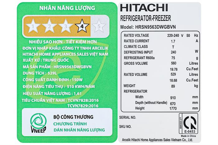 Tủ lạnh Hitachi Inverter 529 lít Side By Side HRSN9563DWGBVN Màu Đen