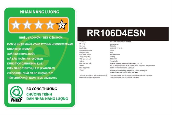 Tủ lạnh Hisense 82 lít RR106D4ESN Màu Bạc