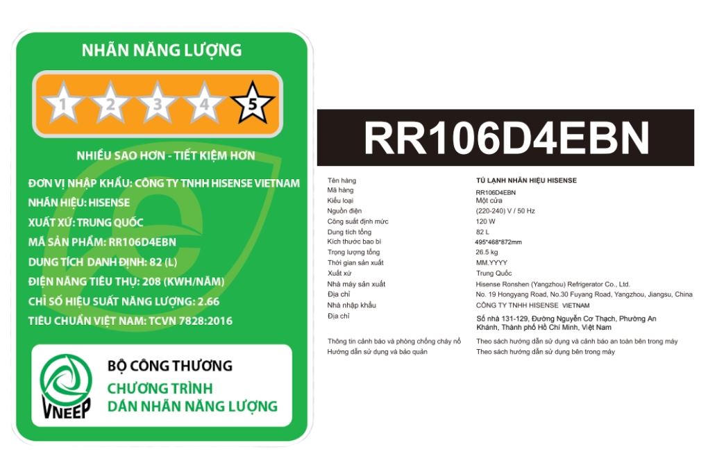 Tủ lạnh Hisense 82 lít RR106D4EBN Màu Đen
