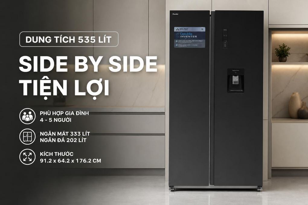 Tủ lạnh Funiki Inverter 535 lít Side By Side HR SS8535TDG Màu Đen