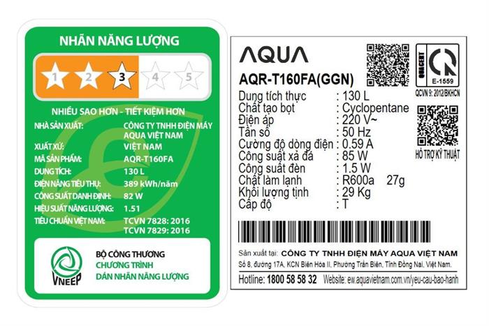 Tủ lạnh Aqua 130 lít AQR-T160FA(GGN) Màu Đen
