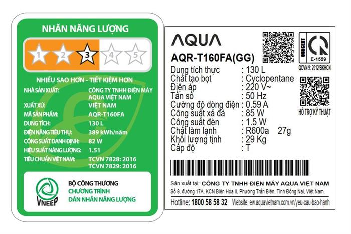 Tủ lạnh Aqua 130 lít AQR-T160FA(GG) Màu Đen