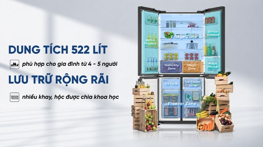 Dung tích - Tủ lạnh Aqua Inverter 522 lít Multi Door AQR-MA600XA(KGL)U1 Dung tích - Tủ lạnh Aqua Inverter 522 lít Multi Door AQR-MA600XA(KGL)U1