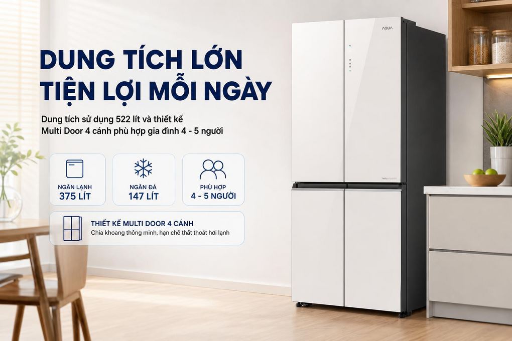 Tủ lạnh Aqua Inverter 522 lít Multi Door AQR-MA600XA(KGC)U1 - Dung tích lớn phù hợp với gia đình 4 -5 người