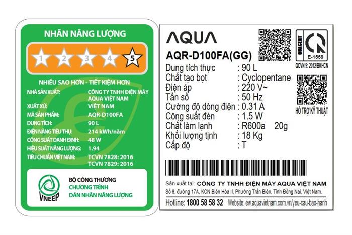 Tủ lạnh Aqua 90 lít AQR-D100FA(GG) Màu Đen