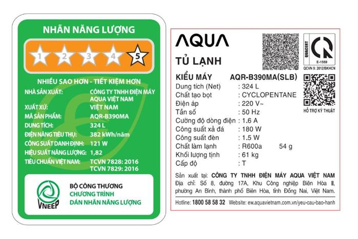 Tủ lạnh Aqua Inverter 324 lít AQR-B390MA(SLB) Màu Đen