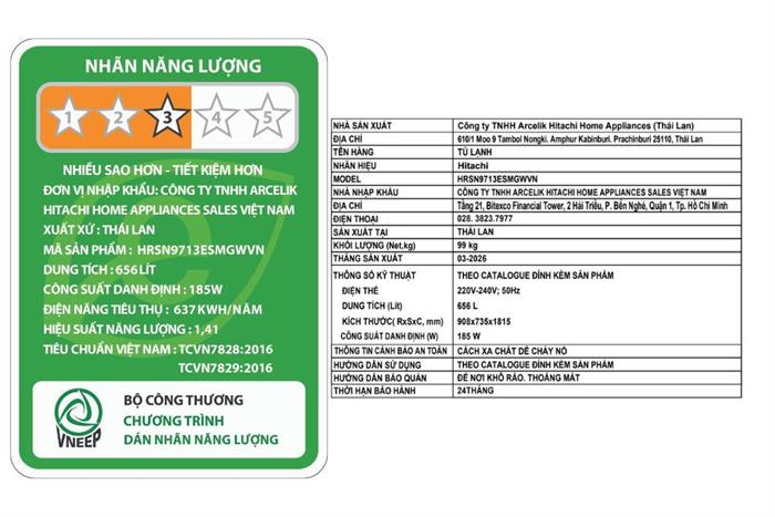 Tủ lạnh Hitachi Inverter 656 lít Side By Side HRSN9713ESMGWVN Màu Trắng