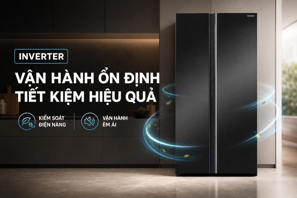 Tủ lạnh Hitachi Inverter 653 lít Side By Side HRSN9713ESAUVN - Công nghệ Inverter và mức tiêu thụ điện 609 kWh/năm Tủ lạnh Hitachi Inverter 653 lít Side By Side HRSN9713ESAGBKVN - Công nghệ Inverter và mức tiêu thụ điện 609 kWh/năm