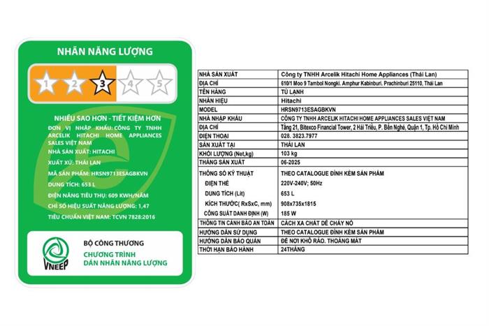 Tủ lạnh Hitachi Inverter 653 lít Side By Side HRSN9713ESAGBKVN Màu Đen