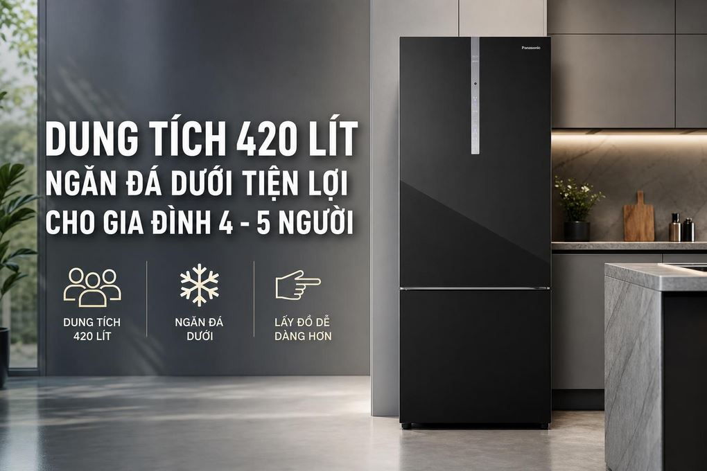 Tủ lạnh Panasonic Inverter 420 lít NR-BX471XGKV - Dung tích 420 lít với ngăn đá dưới tiện lợi cho gia đình 4 - 5 người