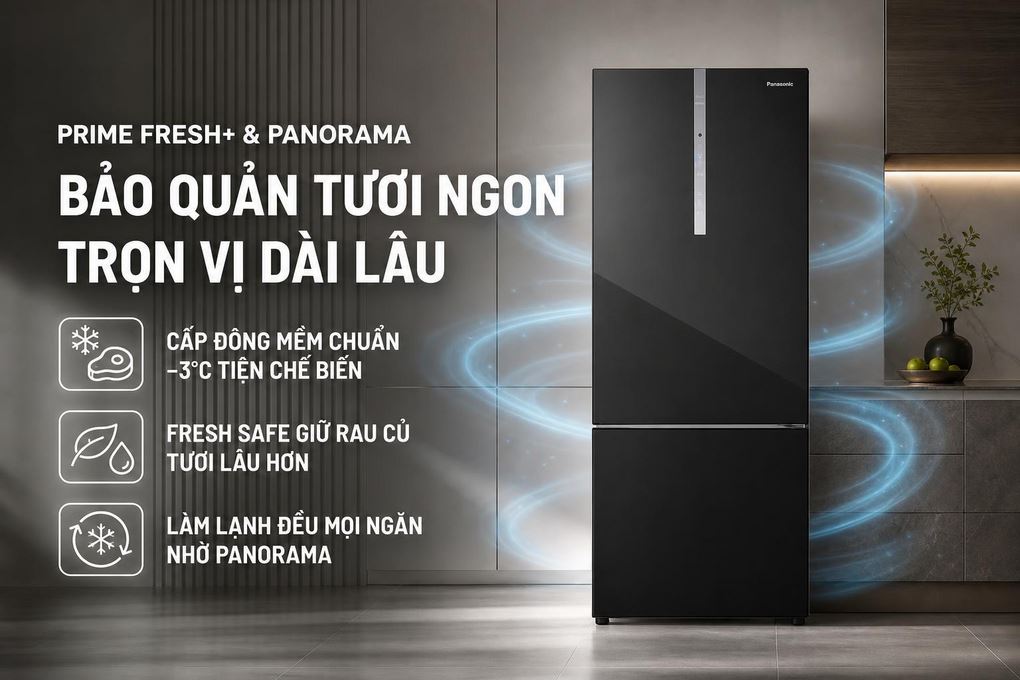 Tủ lạnh Panasonic Inverter 420 lít NR-BX471XGKV - Công nghệ cấp đông mềm Prime Fresh+ và làm lạnh đều bảo quản thực phẩm tươi lâu